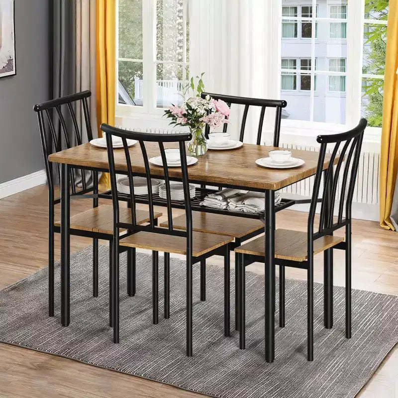 Modern Dining Table Set for 4, Metal and Wood Kitchen Table, Square Kitchen Table Set, for Breakfast Nook, Living Room