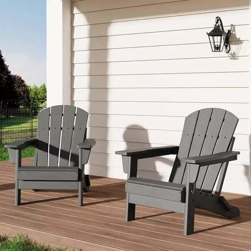 Folding Adirondack Chairs Set of 2-HDPE Plastic Outdoor Chairs with Wood Texture(Grey) for Fire Pit/Deck/Patio(380lbs Capacity & Weather Resistant)
