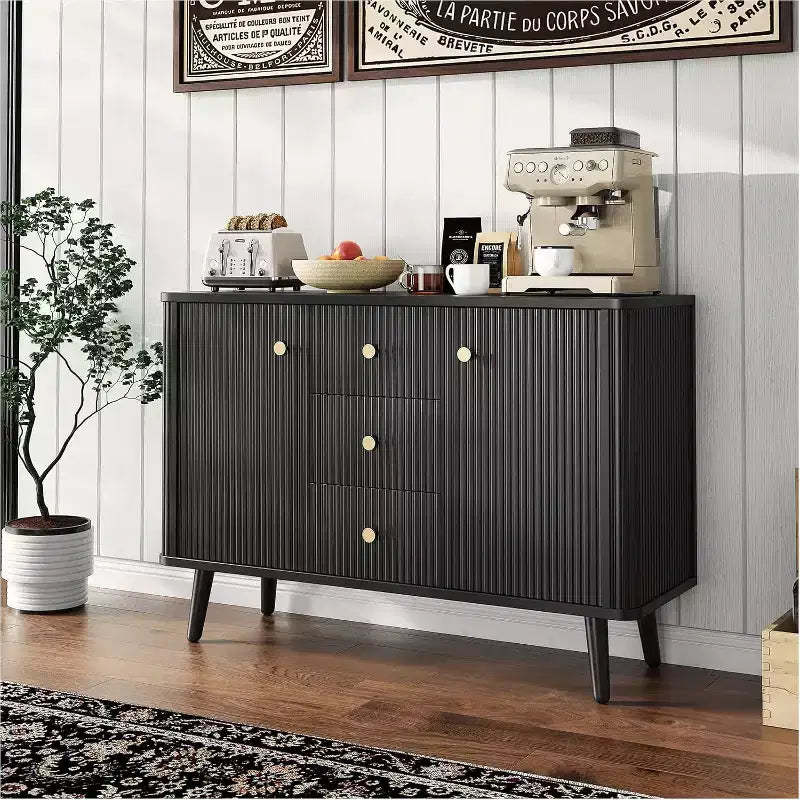 47 Sideboard Buffet Cabinet with Drawers, Fluted Accent Storage Cabinet with 2 Doors and 3 Drawers, Black