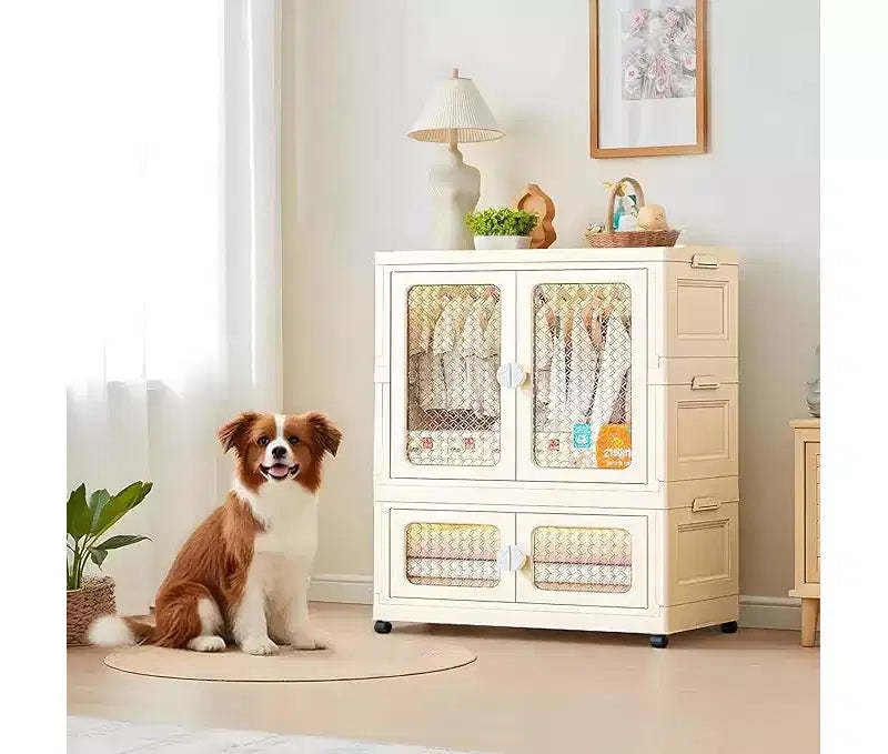 Storage Box with Wheels, 103 cm, Folding Wardrobe with Hanging Rail, 2 Stackable Boxes, Wardrobe with Double Doors for Home and Office