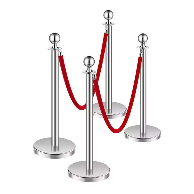 VEVOR Stanchions and Velvet Ropes 4Pcs, Hollow Base with Stainless Steel Post, 2 Red Velvet Ropes and Posts, Crowd Control Barriers Stanchions,Silver