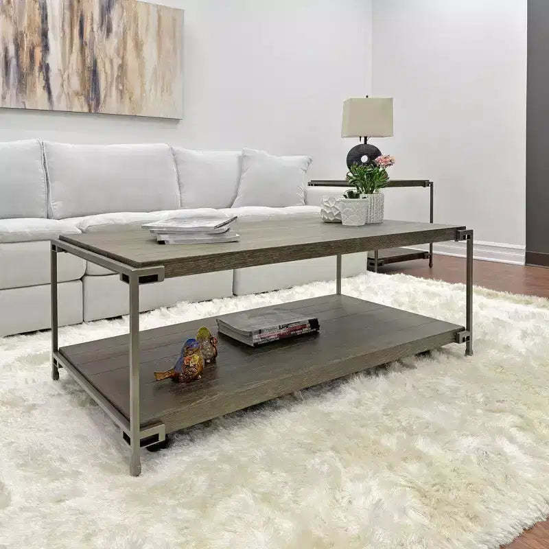 Industrial Metal-Frame Wooden Coffee Table with Rolling Casters