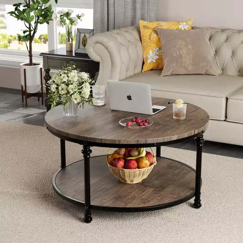 Farmhouse 2 Tier Wooden Coffee Table Round Coffee Table, for Living Room,