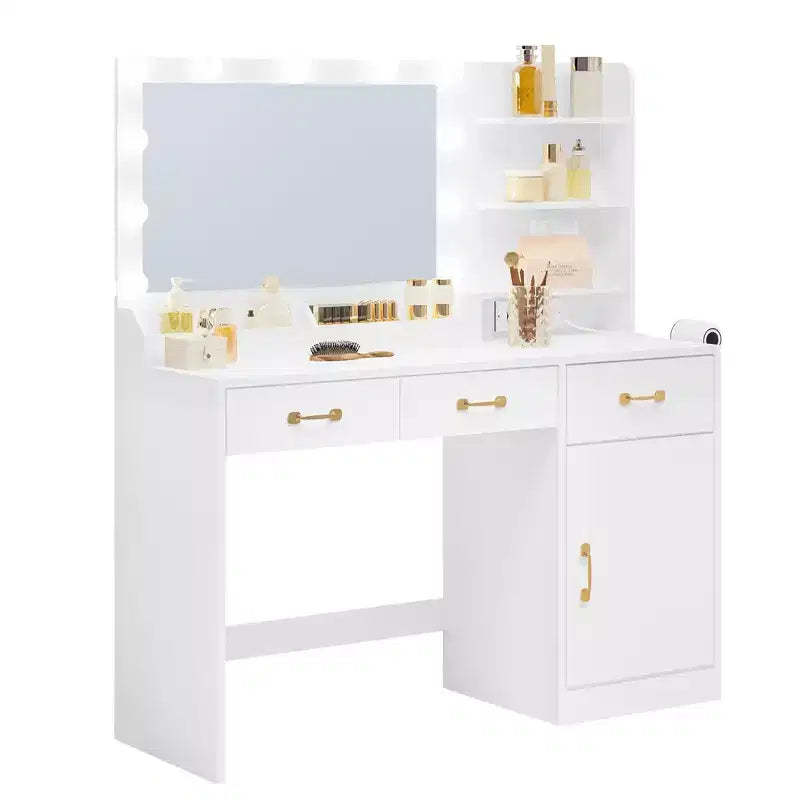 COZONY Vanity Desk with LED Mirror & Power Outlet, Makeup Table with 3 Drawers & Storage Shelves for Bedroom Dressing Room, White