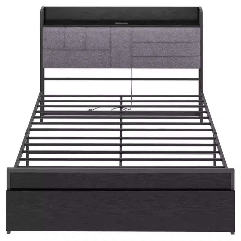 Full-size bed frame with a headboard featuring a shelf, storage functionality, two drawers, and a charging station, no bed box needed.