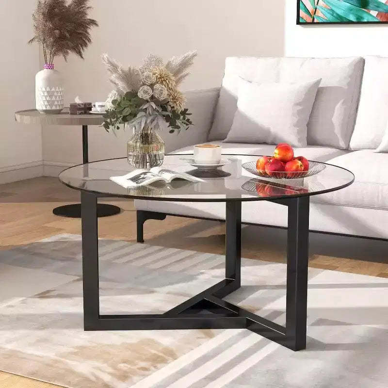 Modern Cocktail Table Round Glass Coffee Table, Base & Tempered Glass Top for Living Room,