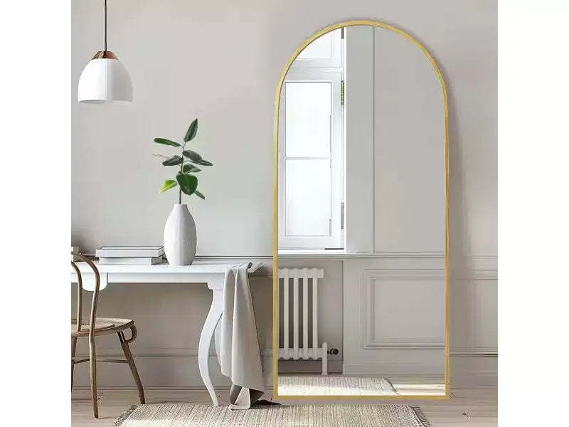 MAYEERTY Gold 23.62 x 66.93 Inch Arch Shaped Thin Edged Aluminum Alloy Full Length Mirror with Stand for Living Room and Bedroom Wall Decor