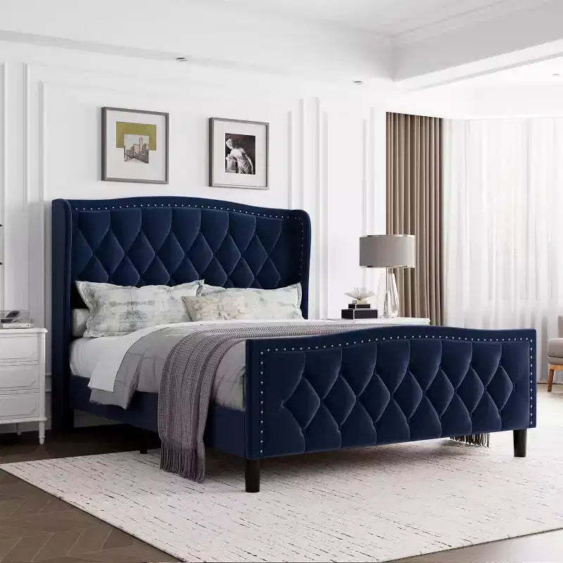Full-size bed frame with winged headboard, four-drawer upholstered platform bed, no mattress support needed, black