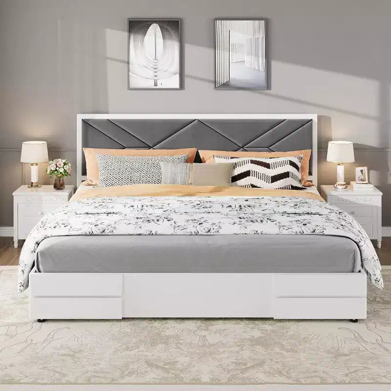 King Size Bed Frame,Wooden Bed Frame with Fabric Upholstered Headboard,No Box Spring Needed,Strong Wooden Slats,Easy Assembly,White