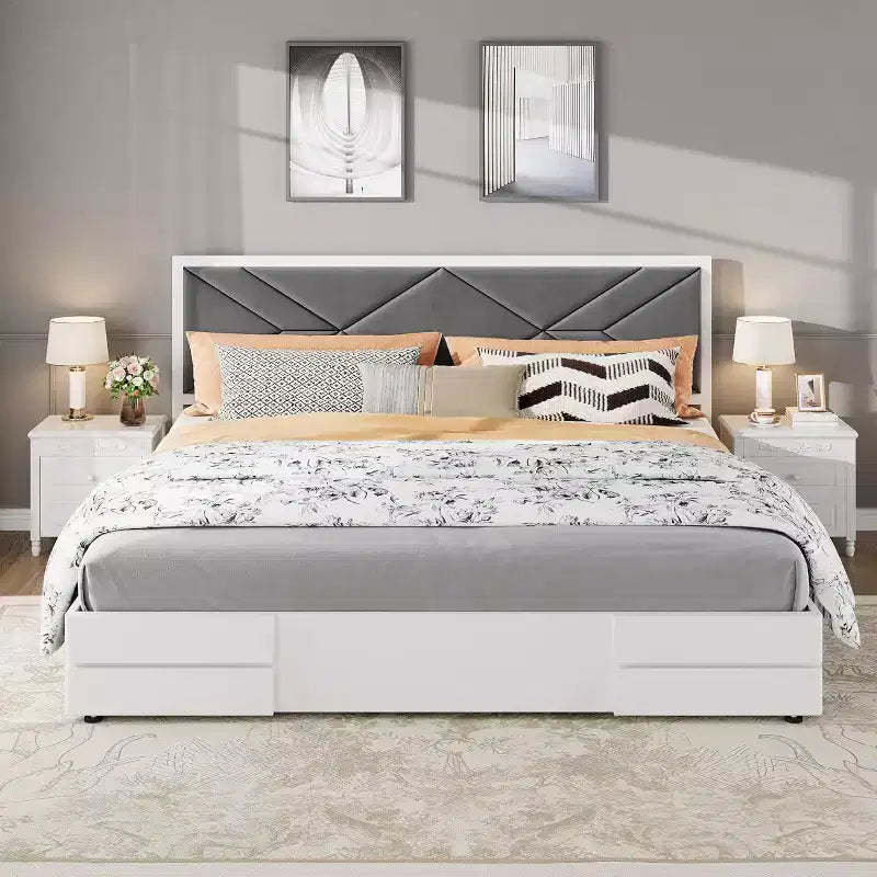 King Size Bed Frame,Wooden Bed Frame with Fabric Upholstered Headboard,No Box Spring Needed,Strong Wooden Slats,Easy Assembly,White