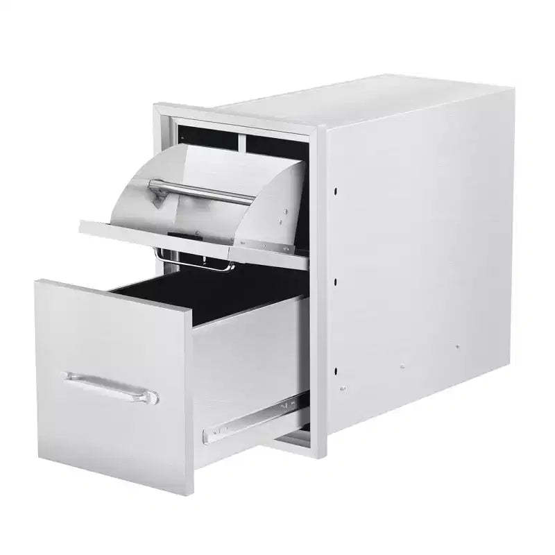 3 Layer Outdoor Kitchen Drawers with Paper Towel Holder - Stainless Steel Flush Mount Kitchen Access Drawer with Grooved Handle