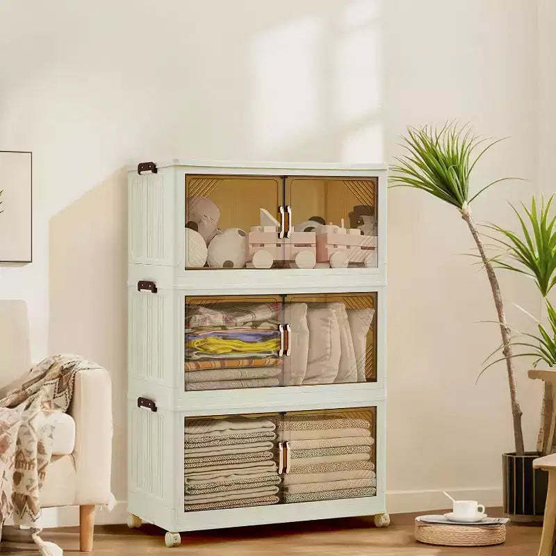 285QT Stackable Storage Box, Plastic Storage Box with Lid, Plastic Drawer with Magnetic Door and Wheels, FoldableSuitable for Home, Dormitory