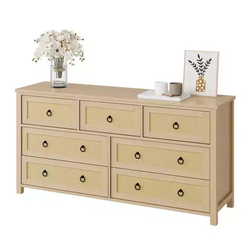 37-inch tall rattan dressing table with four rattan drawers that can also be used as a wardrobe; a bohemian-style bedside table.