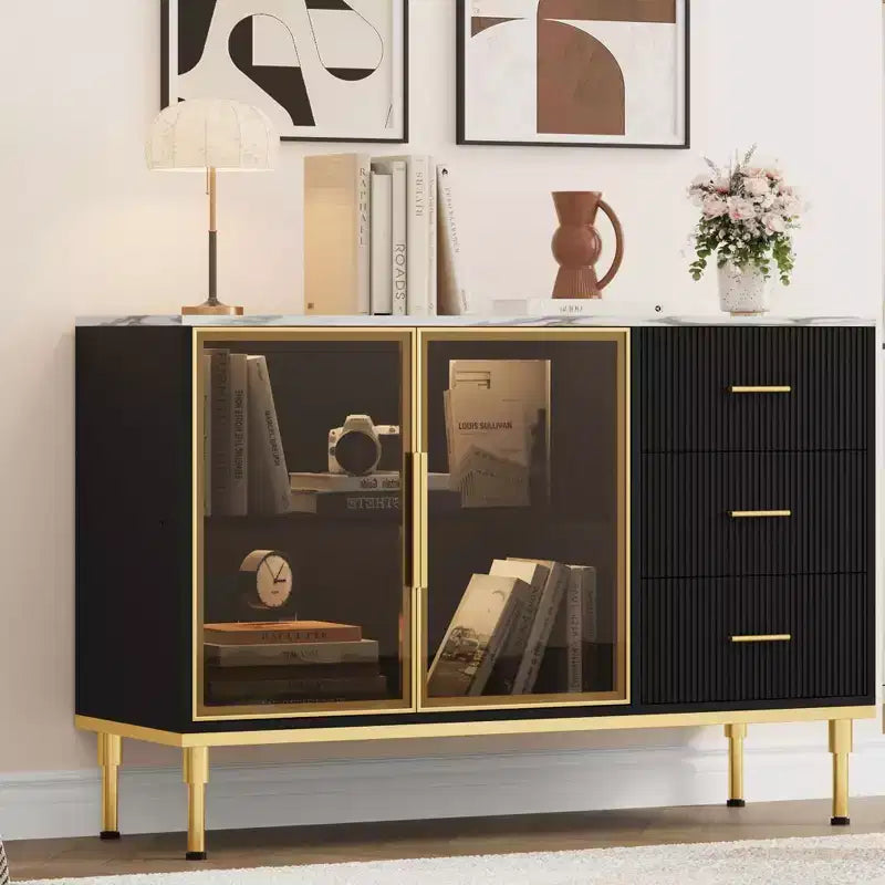 Sideboard Buffet Cabinet with LED Light, Kitchen Storage with 3 Fluted Drawers & Glass Doors, Accent Cabinet Cupboard Buffet Table with Storage