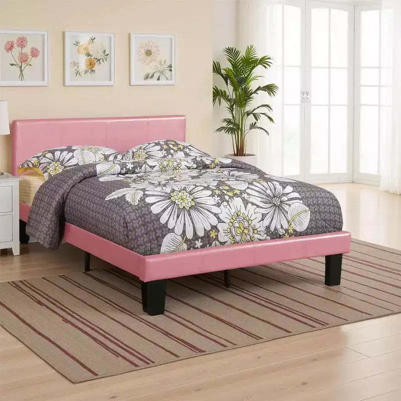 Royal Hampton Wooden Full Bed with Faux Leather Upholstery, Pink