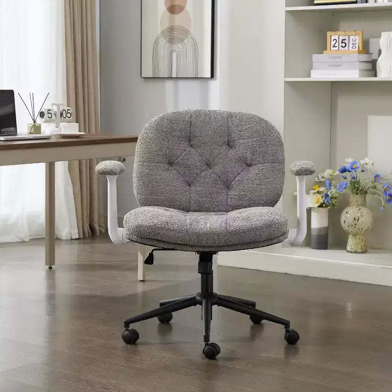 Grey Cross-Leg Flip-Arm Chair: Wide Seat Swivel C Comfy Desk/Vanity for Women, Home/Office Ready