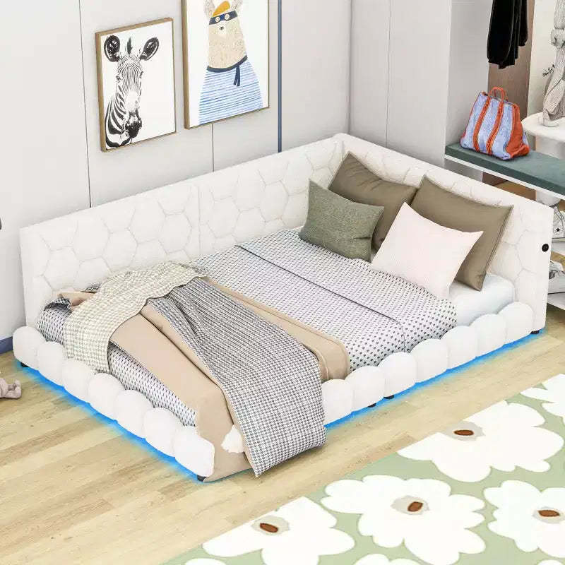 Upholstered Full Size Platform Bed with USB Ports and LED Belt, Wood Teddy Fabric Corner Daybed Frame for Livingroom, Bedroom, White
