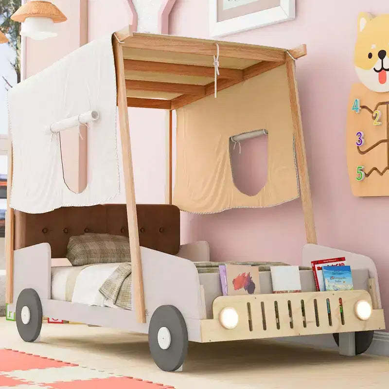 Twin/Full Wood Car Bed with Car Light Shape LED, Pillow and Ceiling Cloth, Low Floor Car-Shaped Platform Bed for Kids Boys Girls Bedroom