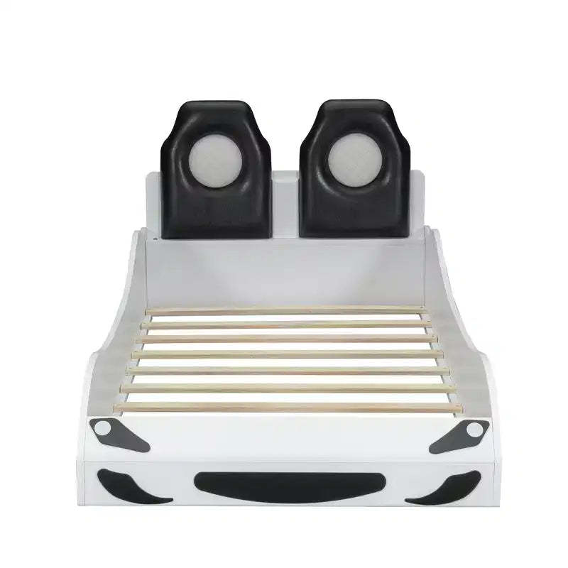 Bellemave Wood Twin Size Race Car-Shaped Platform Bed with LED and Upholstered Backrest, White