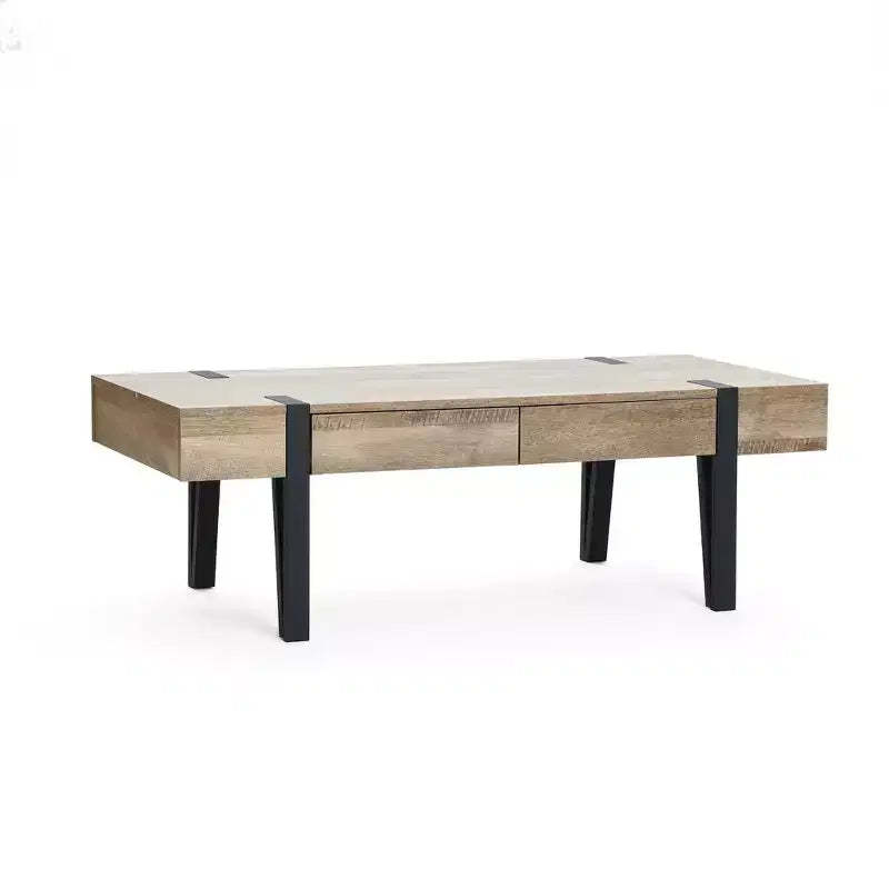 LuxenHome 47 Coffee Table with 2 Drawers Black Metal Legs Farmhouse Oak Finish Wood Center Table