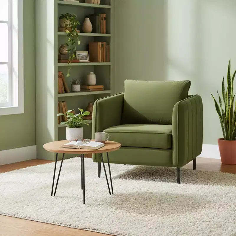 Homy Casa Modern Velvet Accent Chair with Pillow and Metal Legs, Upholstered Comfy Armchair for Living Room, Bedroom, or Reading Corner, Green