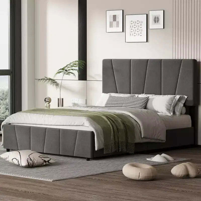 King Size Platform Bed Frame with Adjustable Headboard, 2 Storage Drawers, Soft Upholstered Design, Wooden Slats Support, No Box Spring Required