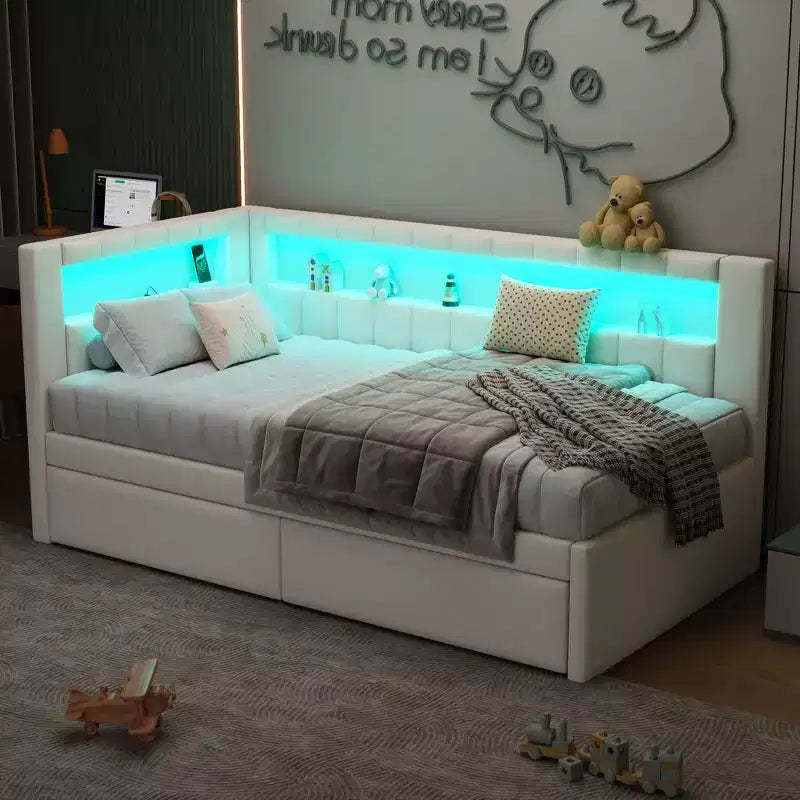 Bellemave Upholstered Twin Size Platform Bed with USB Ports and LED Belt, With 2 Drawers, White