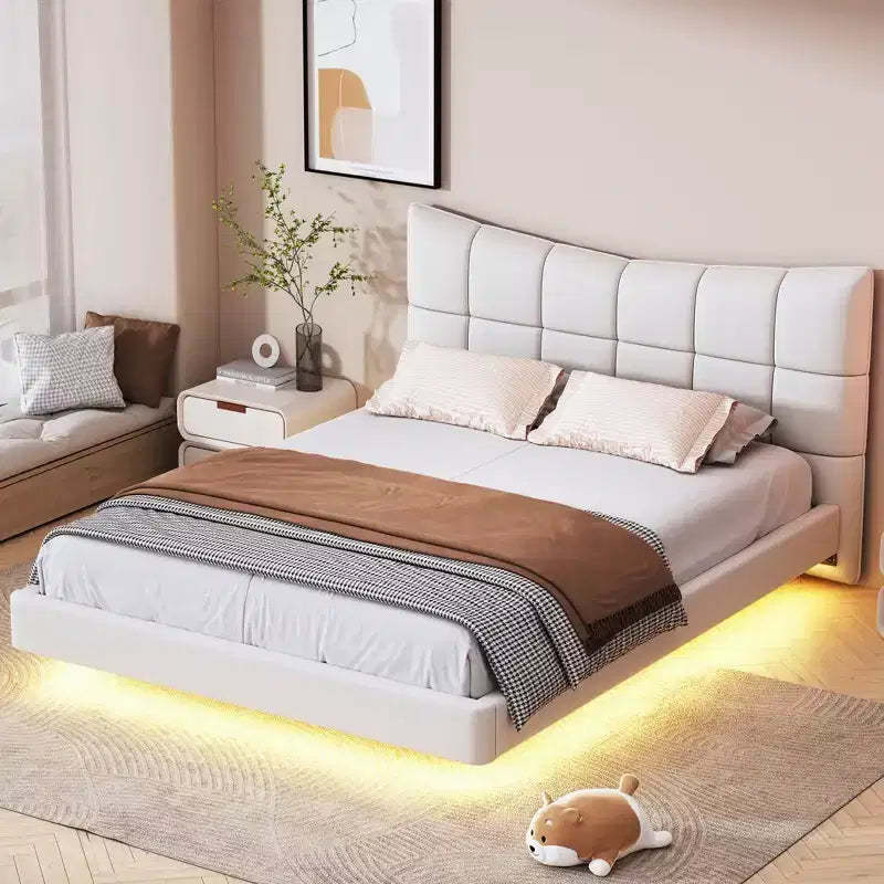 LED Full Upholstered Platform Bed with U Shaped Headboard, Linen Bed Frame with LED Lights