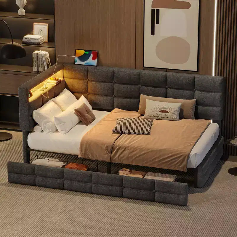 Upholstered Twin Size Daybed with 2 Drawers and Charging Station, L-shaped Corner with LED Lights and Storage Headboard