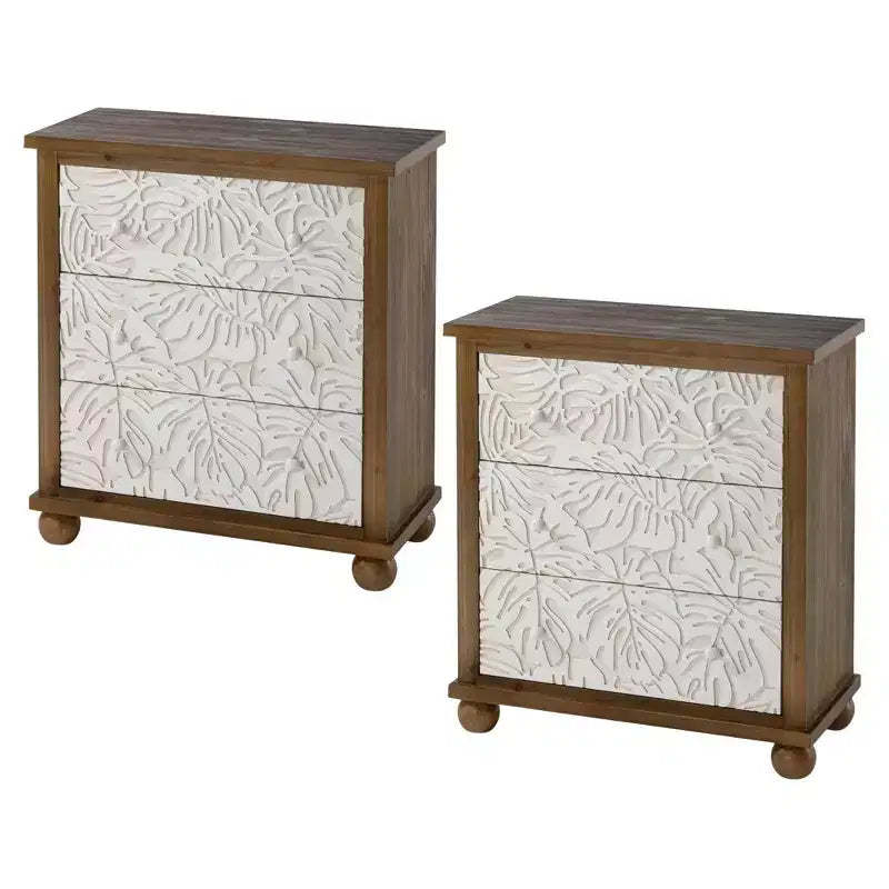 COZAYH Rustic Farmhouse Dresser with Carved Leaves Pattern & 3 Drawers, Set of 2
