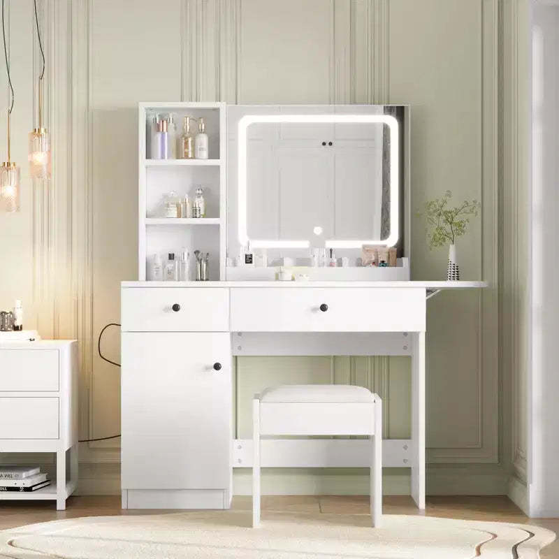 Vanity with mirror and light, sliding illuminated mirror makeup table, 3 lighting modes, 5 large drawers, perfect for the bedroom