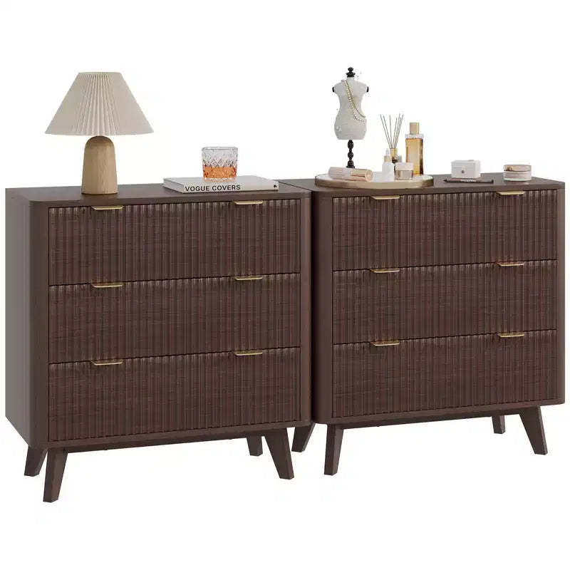 Modern Nightstand Set of 2, Fluted Nightstand with Faux Marble Top, 3-Drawer Large Bedside Table, 32 Wide Curved Accent Nightstands
