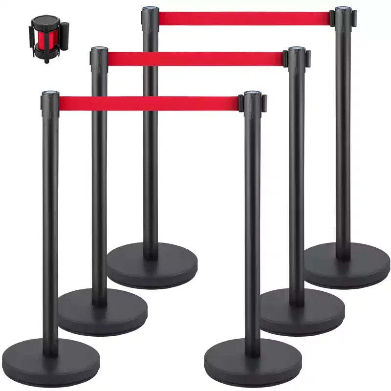 VEVOR Crowd Control Stanchion, Set of 6 Pieces Stanchion Set, Stanchion Set with 6.6 ft/2 m Red Retractable Belt, Crowd Control Barrier, Black