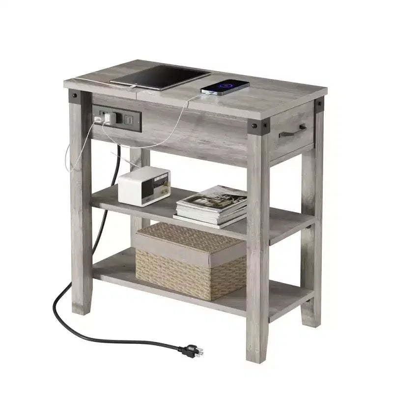 3 Tier End TableNarrow Wooden Side Table with Drawer, for Living Room,