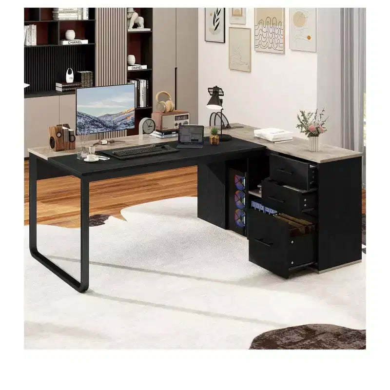 71in Black L Shaped Desk Executive Desk With Power Outlets With File Cabinet For Home