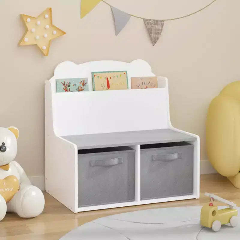 Kids Bookshelf with Fabric Storage Bins, Toy Organizer for Toddlers, Bookcase Book Rack, White - ModernLuxe