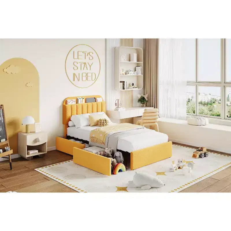 Queen Bed Frame, with Storage Headboard & 2 Drawers, Boucle Upholstered Platform Bed Frame for Boys/Girls,Easy Assembly, No Box Spring Needed, Beige