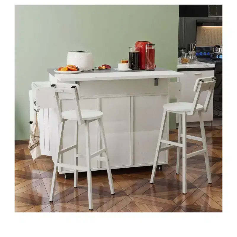 Rolling Kitchen Island Cart with Drop Leaf Countertop Adjustable Shelve Spice Rack With Two Chairs For Kitchen Dining Room
