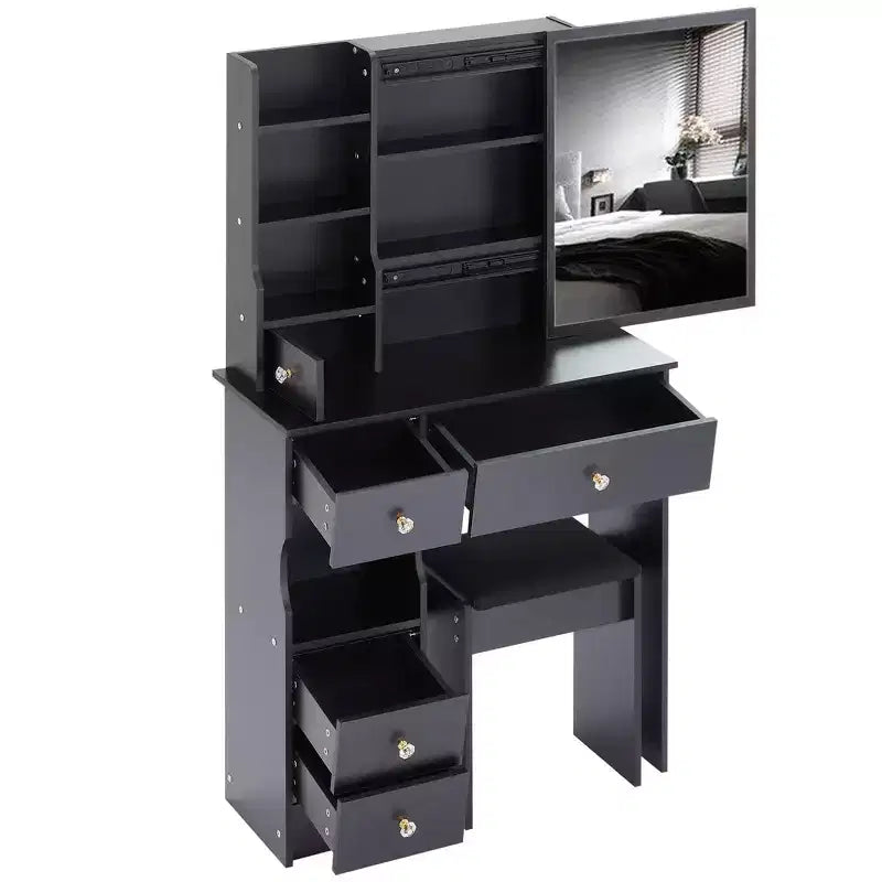Okak 29.2IN Vanity Desk with Cushioned Stool and Right Sliding Mirror, Multi Layer Makeup Vanity with High Capacity Storage, Vanity Table