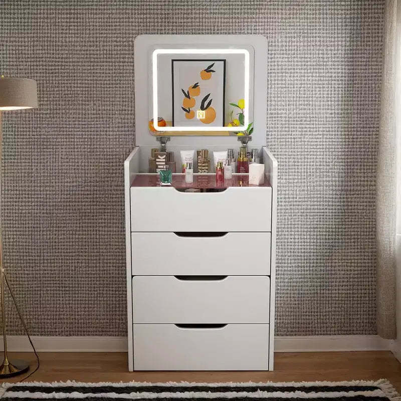 Okak 3-In-1 Vanity Table with Plip Top Mirror, Compact Vanity with Visible Glass Desktop and Cushioned Tool, Vanity Desk for Bedroom