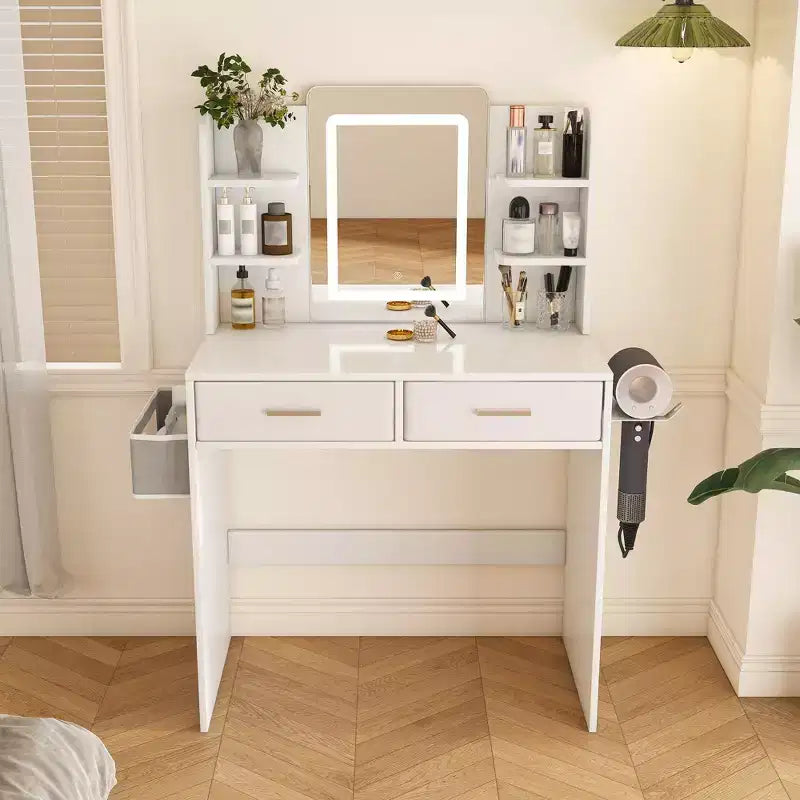 Okak Vanity Desk with Mirror and 3-Color Adjustable Strips, Makeup Vanity with 2 Large Drawers and Hair Dryer Stand, Vanity Table for Bedroom, White