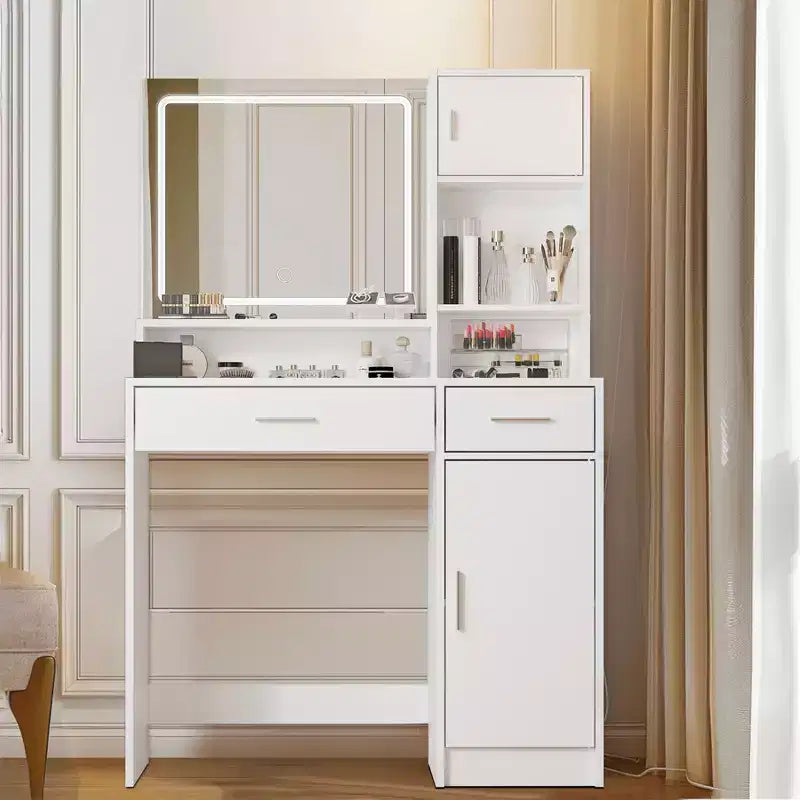 Okak Vanity Desk with Large Rectangular Mirror, Makeup Vanity with 3 Level Storage Dresser, Compact Vanity for Bedroom, Vanity Room