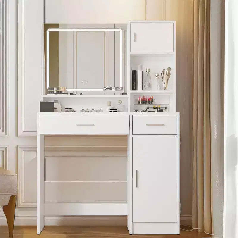 Okak Vanity Desk with Large Rectangular Mirror, Makeup Vanity with 3 Level Storage Dresser, Compact Vanity for Bedroom, Vanity Room