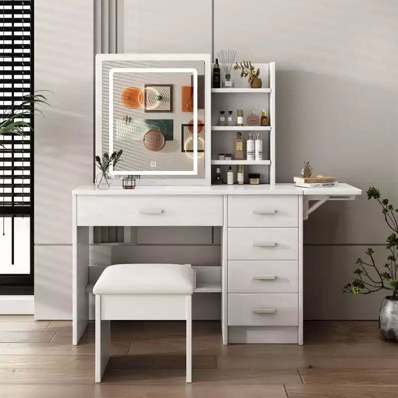 Okak Makeup Vanity with Open Shelves and 5 Drawers, Vanity Table with Large Mirror and Side Storage Shelves, Makeup Desk for Bedroom, White