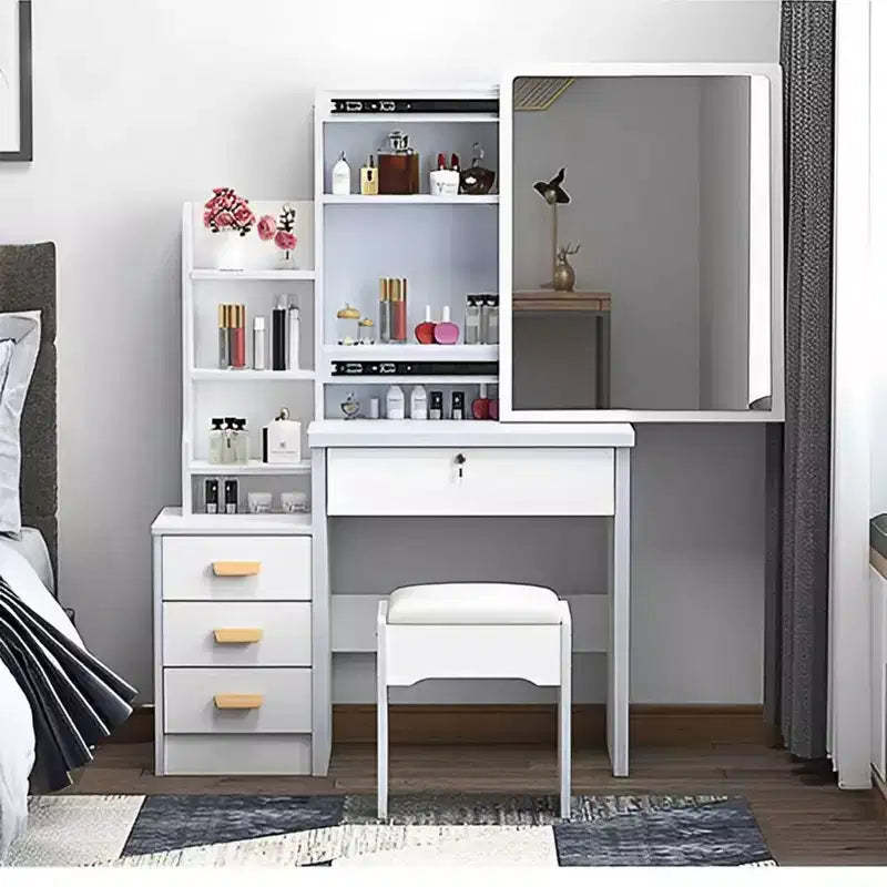 Okak Modern Vanity Desk with Large Mirror, Makeup Vanity with 4 Drawers and Shelves, Girls Vanity with Chair for Bedroom, Vanity Room, White