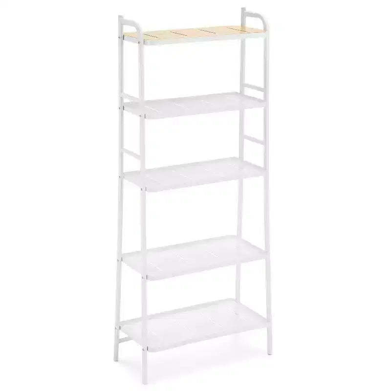 Home Zone Living 5-Tier Freestanding Storage Organizer with Bamboo Accent and Steel Frame, Vertical Space-Saving Shelf, White
