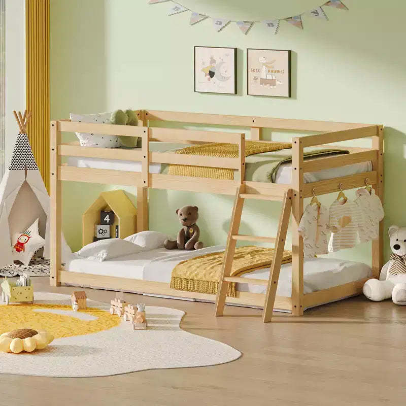 Bellemave Kids Twin Low Loft Bed - Convertible to Bunk Bed, Solid Wood Modern Bed Frame with LED Strip Lighting, OAK.