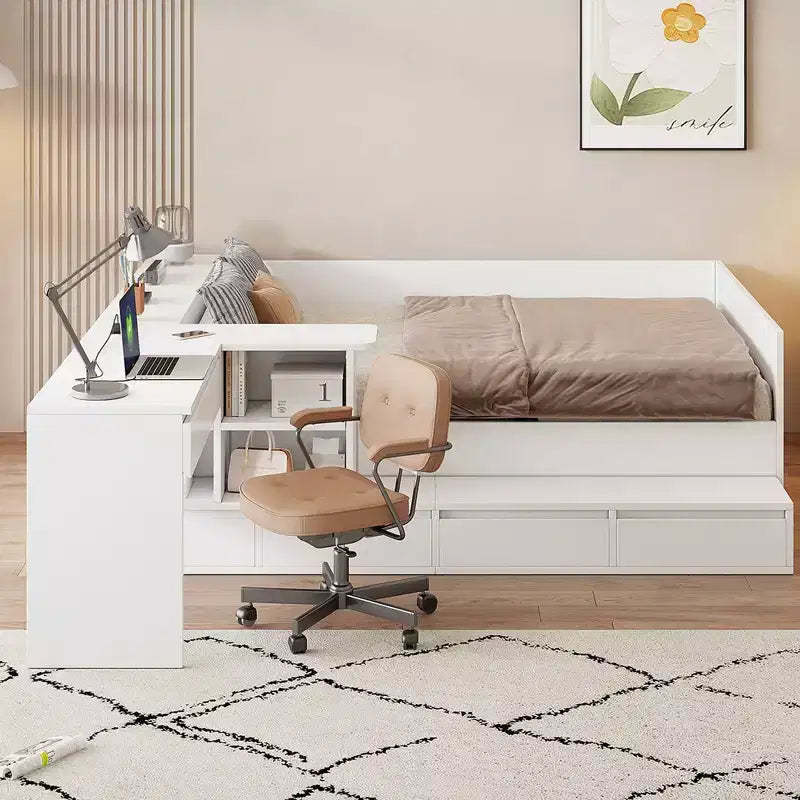 Bellemave Full size Wooden Platform Bed with 6 Drawers, Shelves and Dressing Table, White