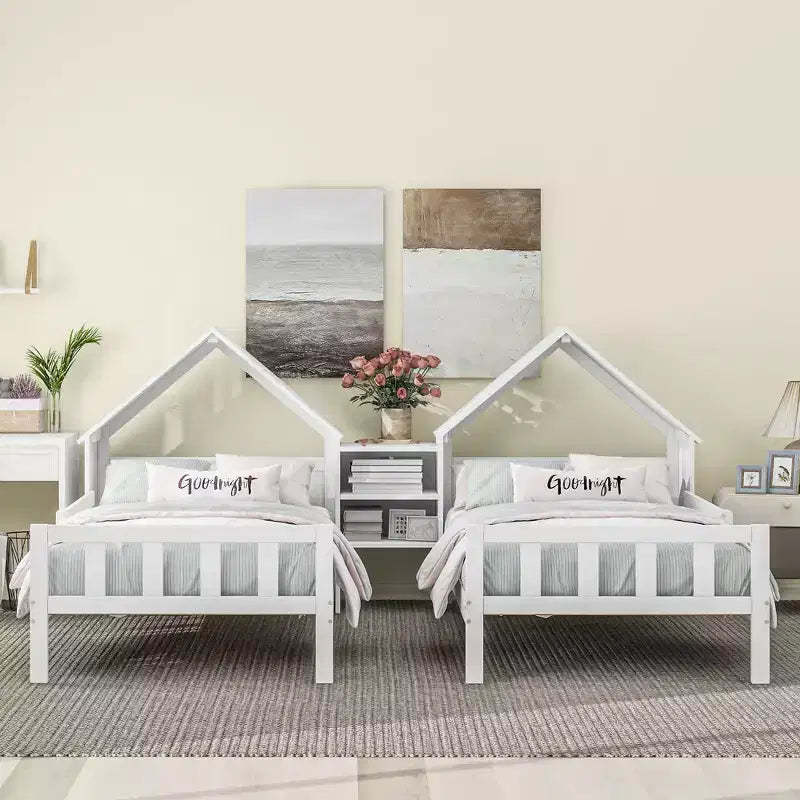 Bellemave Double Twin Size Platform Bed with House-shaped Headboard and a Built-in Nightstand, White