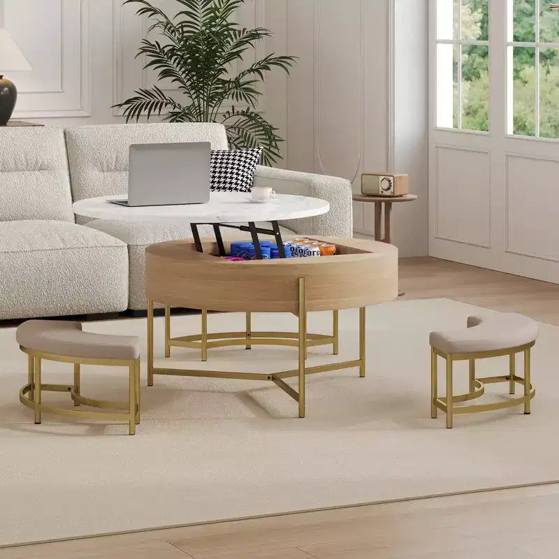 JVNOXK Modern Round Lift-Top Coffee Table with Storage & 3 Ottoman White & Natural